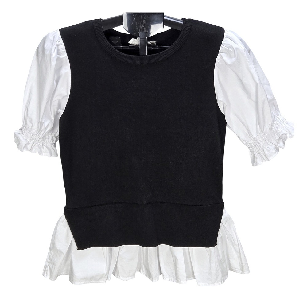 Women's Anthropologie XS Black White Puff Sleeve Poplin Peplum Top Academia